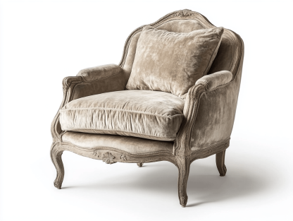 Fotel wypoczynkowy – welur piaskowy – 85×90×105 cm – styl vintage z rzeźbionym drewnem-Habitatvo