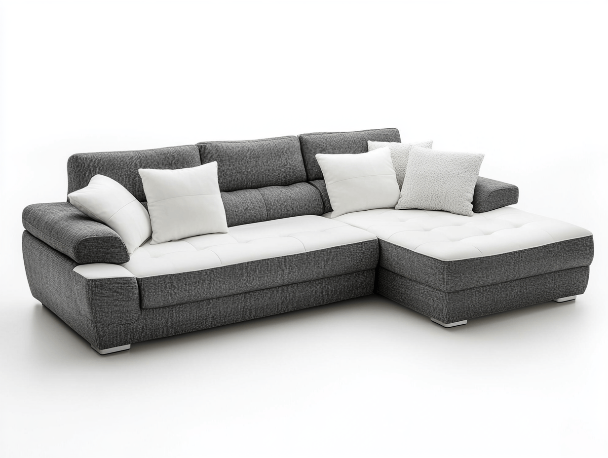 Narożnik z szezlongiem – tkanina szaro-biała - Z 5 poduszkami – nowoczesny – miękkie poduszki – funkcjonalny design-Habitatvo