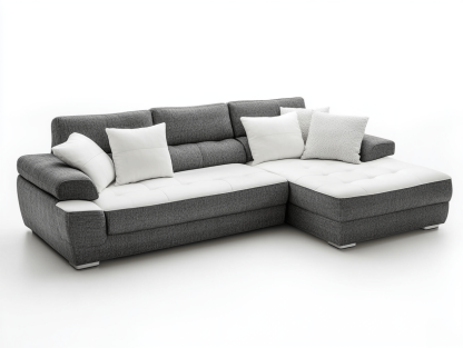 Narożnik z szezlongiem – tkanina szaro-biała - Z 5 poduszkami – nowoczesny – miękkie poduszki – funkcjonalny design-Habitatvo