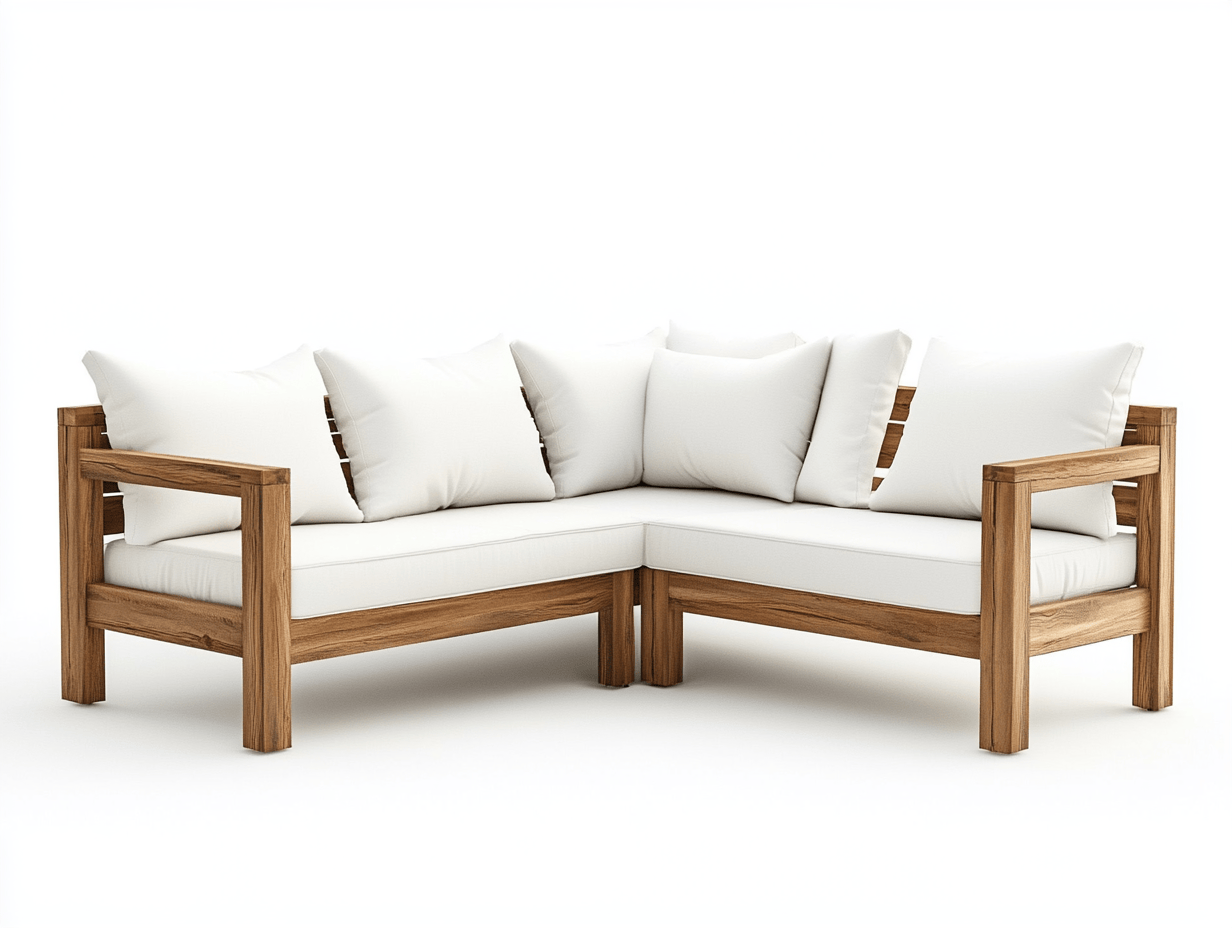 Narożna sofa ogrodowa z drewna tekowego – 5-osobowa – z 6 poduszki białe – 220×220×75 cm – nowoczesna-Habitatvo