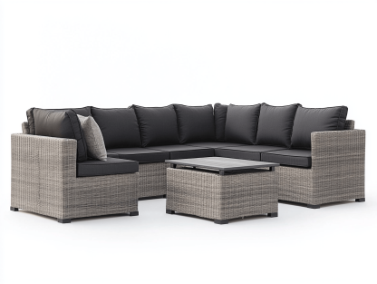 Zestaw wypoczynkowy ogrodowy – szary technorattan – poduszki w kolorze czarnym - Z 9 poduszkami – z narożnikiem, stolikiem i poduszką dekoracyjną – styl nowoczesny-Habitatvo