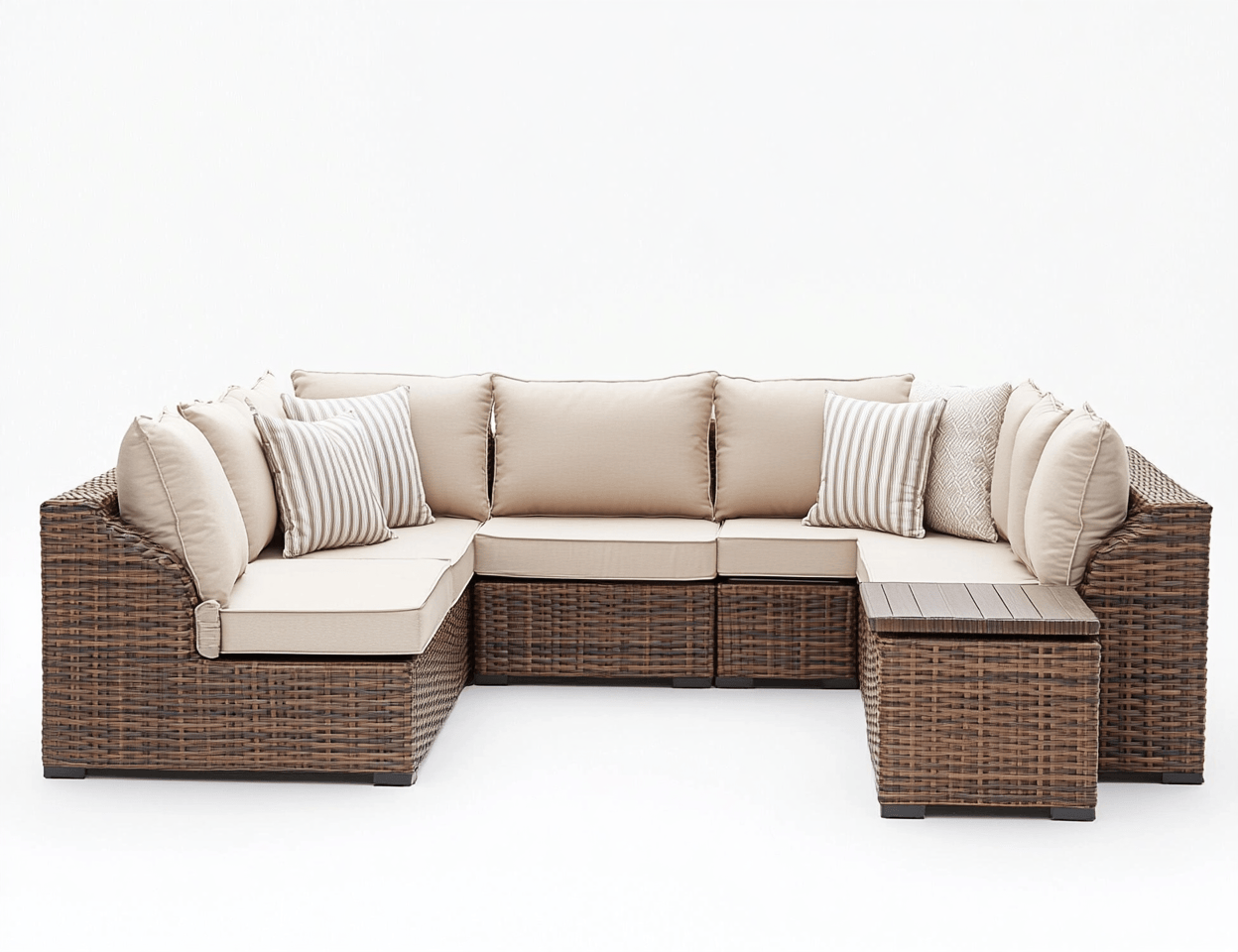 Zestaw wypoczynkowy z technorattanu – narożnik z poduszkami – beżowy – z bocznym stolikiem + 6 poduszek i 4 poduszki ozdobne-Habitatvo