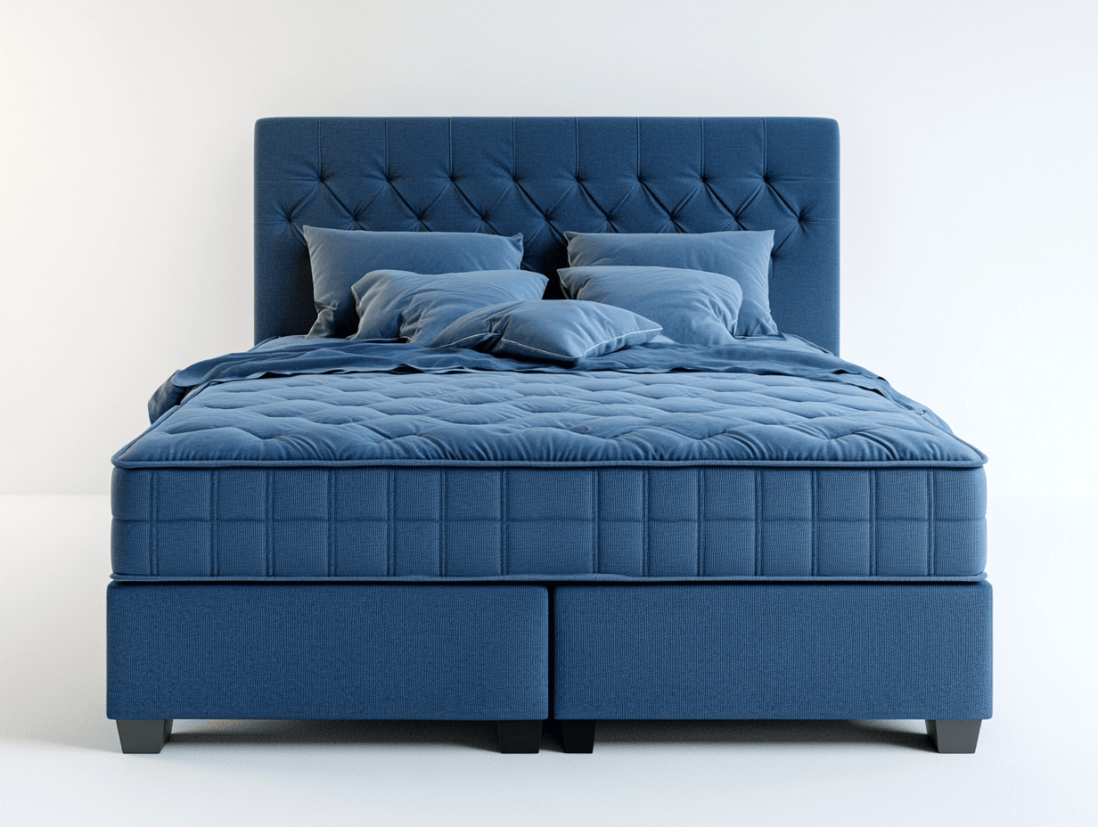 Łóżko kontynentalne – tapicerowane niebieską tkaniną – z pikowanym wezgłowiem i materacem – 160×200 cm – styl skandynawski-Habitatvo
