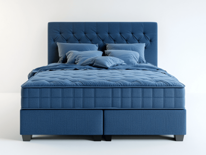 Łóżko kontynentalne – tapicerowane niebieską tkaniną – z pikowanym wezgłowiem i materacem – 160×200 cm – styl skandynawski-Habitatvo