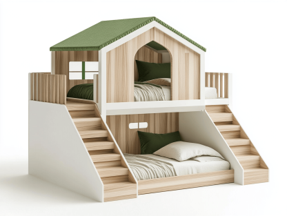Łóżko piętrowe – drewno sosnowe – 230×160×220 cm – białe/dębowe/zielone – domek dla dzieci-Habitatvo