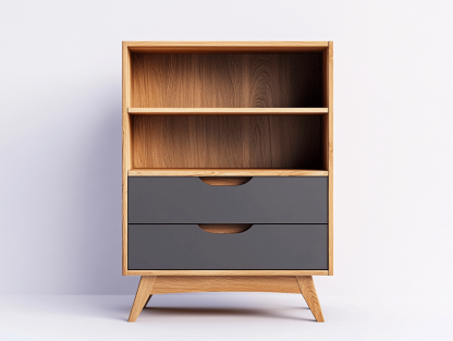 Szafka z półkami i szufladami – 2 szuflady + 2 półki – 60×40×100 cm – grafitowa z dębowym wykończeniem – kompaktowa nowoczesna-Habitatvo