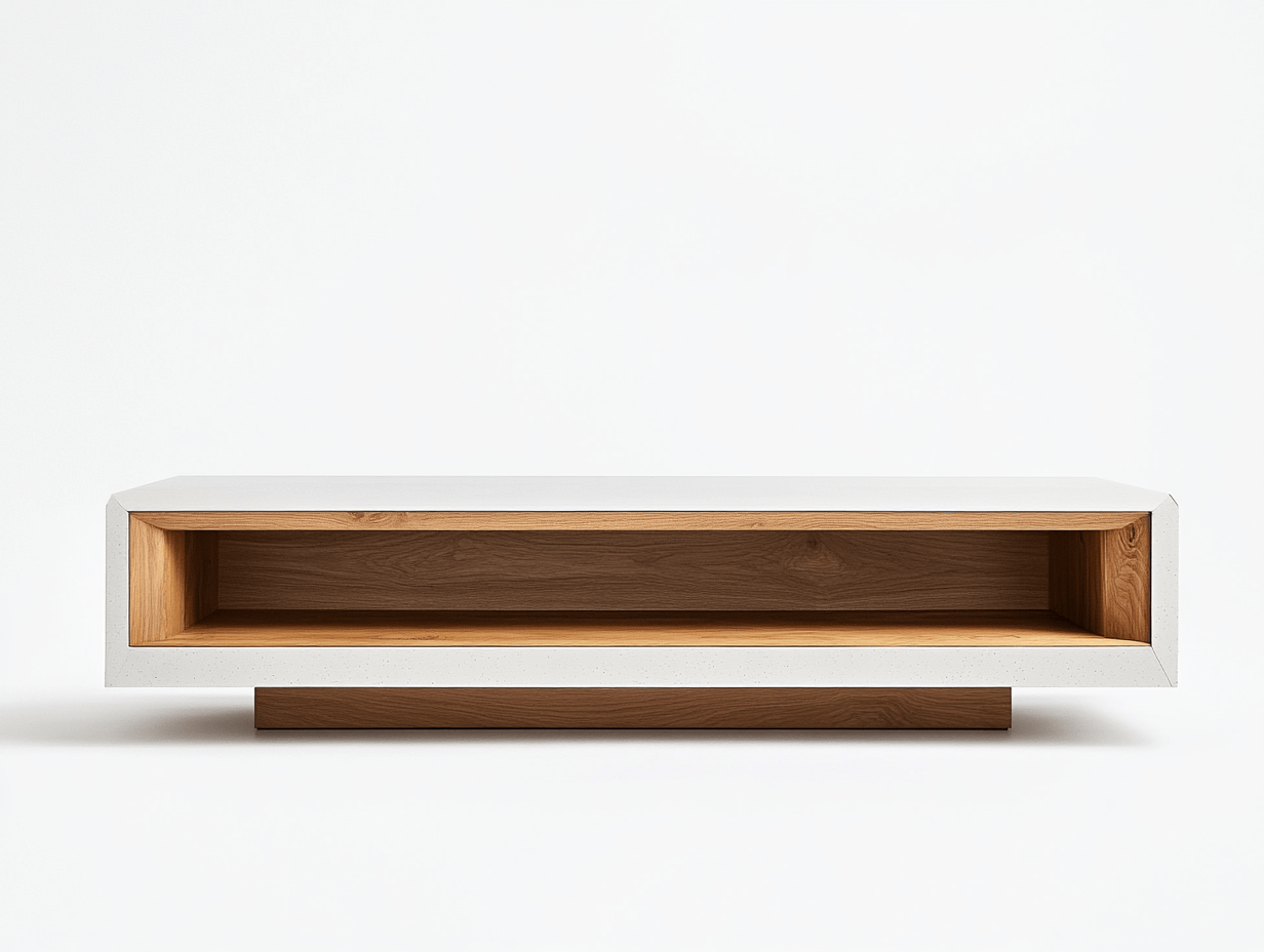 Szafka RTV – biały korpus i wnętrze dębowe – otwarta półka – 145×42×38 cm – nowoczesna forma-Habitatvo