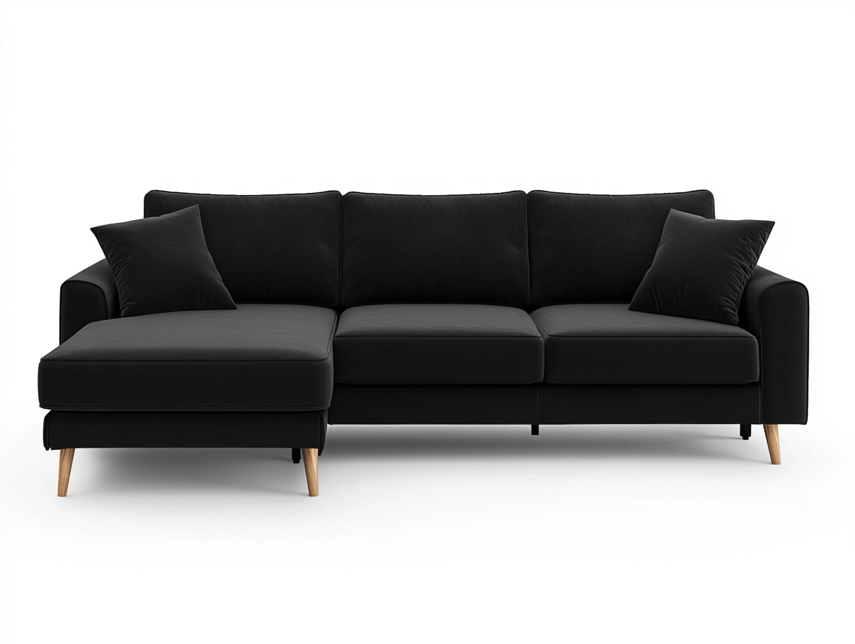 Sofa narożna z szezlongiem – tkanina czarna - Z 2 poduszkami – 230×145×85 cm – drewniane nogi – styl minimalistyczny-Habitatvo