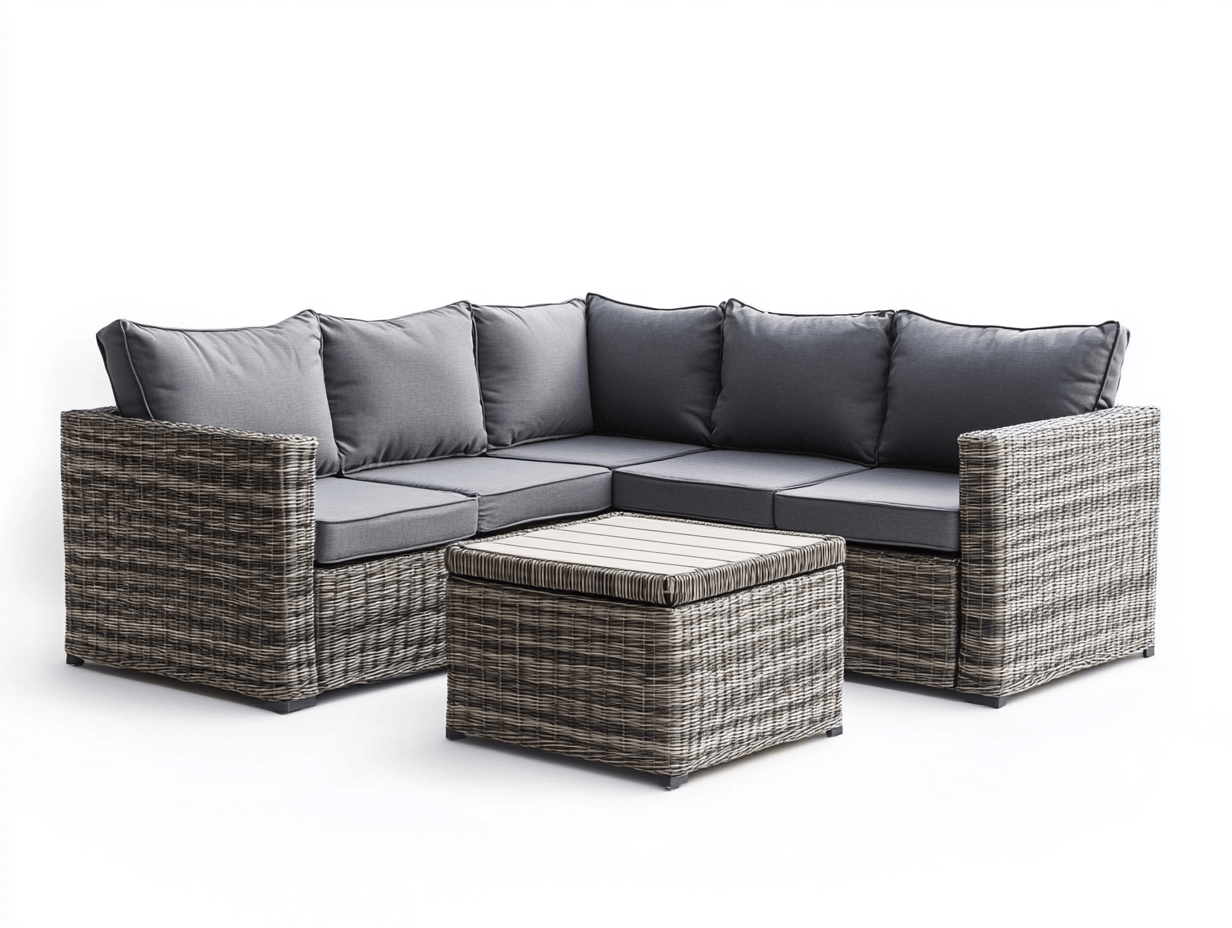 Sofa narożna ogrodowa z technorattanu – z niskim stolikiem – 185×135×60 cm – szara plecionka + grafitowe poduszki – styl nowoczesny-Habitatvo