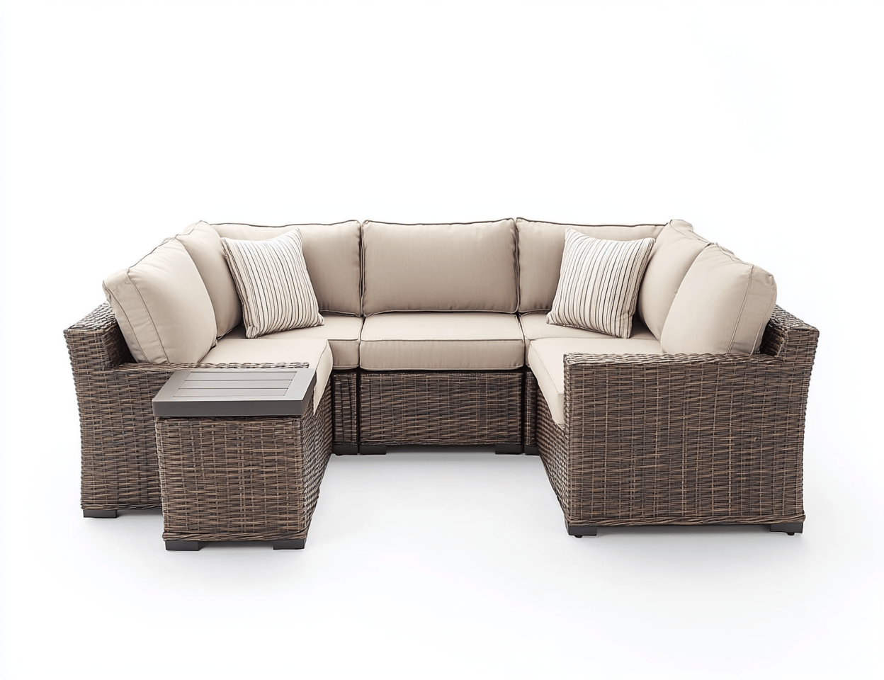 Zestaw wypoczynkowy z technorattanu – narożnik z poduszkami – piaskowy – z bocznym stolikiem drewnopodobnym + 7 poduszek i 2 poduszki ozdobne-Habitatvo