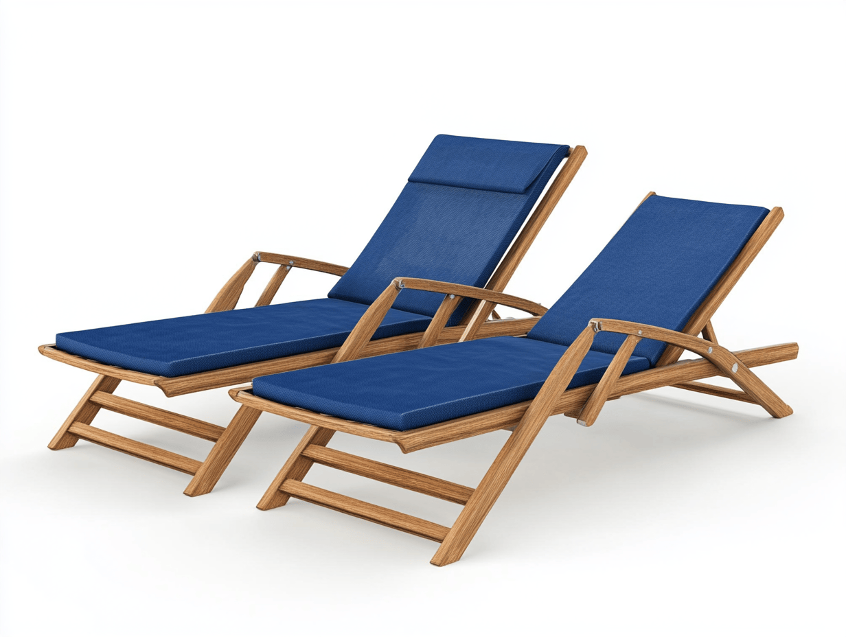Leżak ogrodowy drewniany – z podłokietnikami – z granatową poduszką – 192×63×88 cm – składany zestaw 2 sztuk-Habitatvo