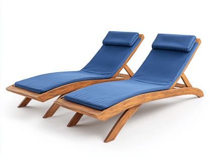 Leżak ogrodowy drewniany – ergonomiczny profil – z ciemnoniebieską poduszką – 195×65×85 cm – zestaw 2 sztuk-Habitatvo