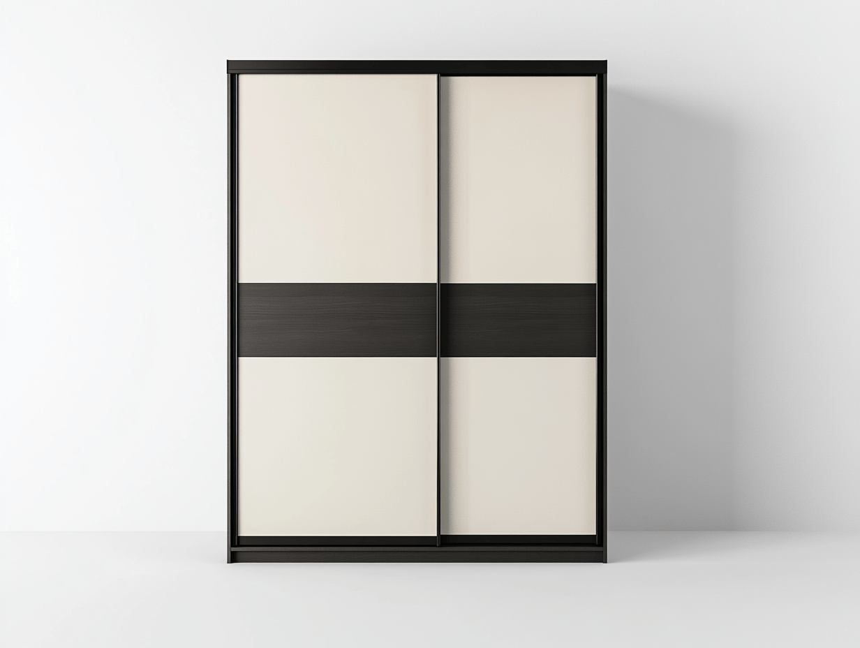Szafa przesuwna – płyta laminowana – 150×60×200 cm – czarny/beżowy – z drzwiami przesuwnymi i drążkiem na ubrania-Habitatvo