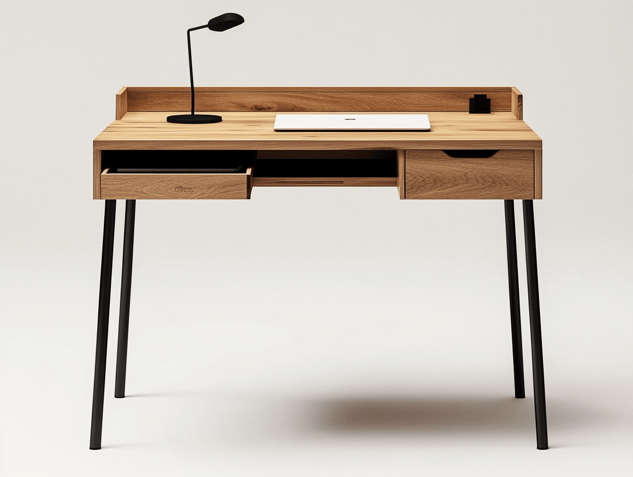 Biurko z płyty MDF i metalu – 2 szuflady + półka + organizer kabli – 100×50×95 cm – dąb/czarny – funkcjonalne-Habitatvo