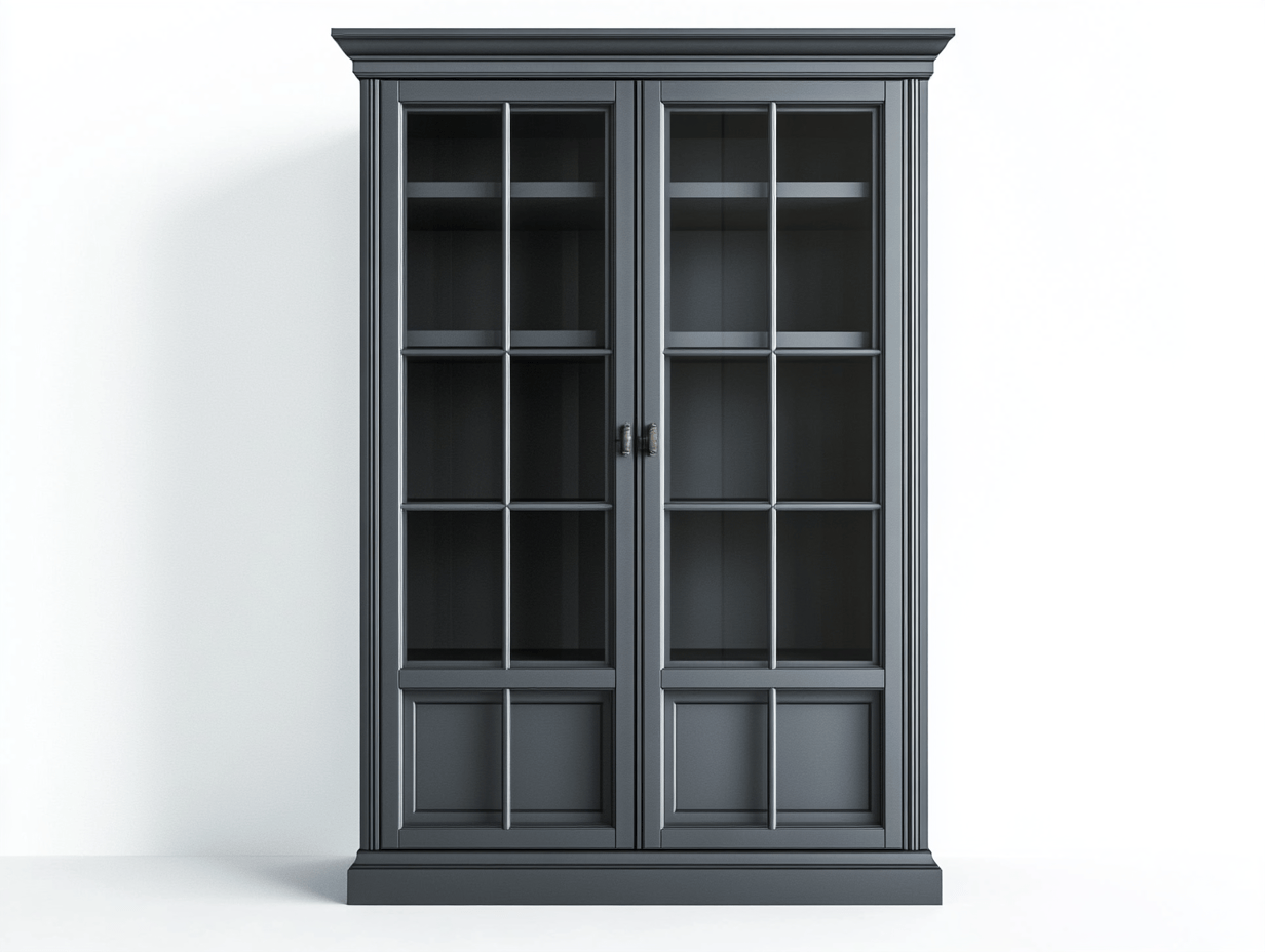 Witryna w kolorze grafitowym z podwójnymi przeszklonymi drzwiami i ozdobnymi ramami – 100×42×200 cm-Habitatvo