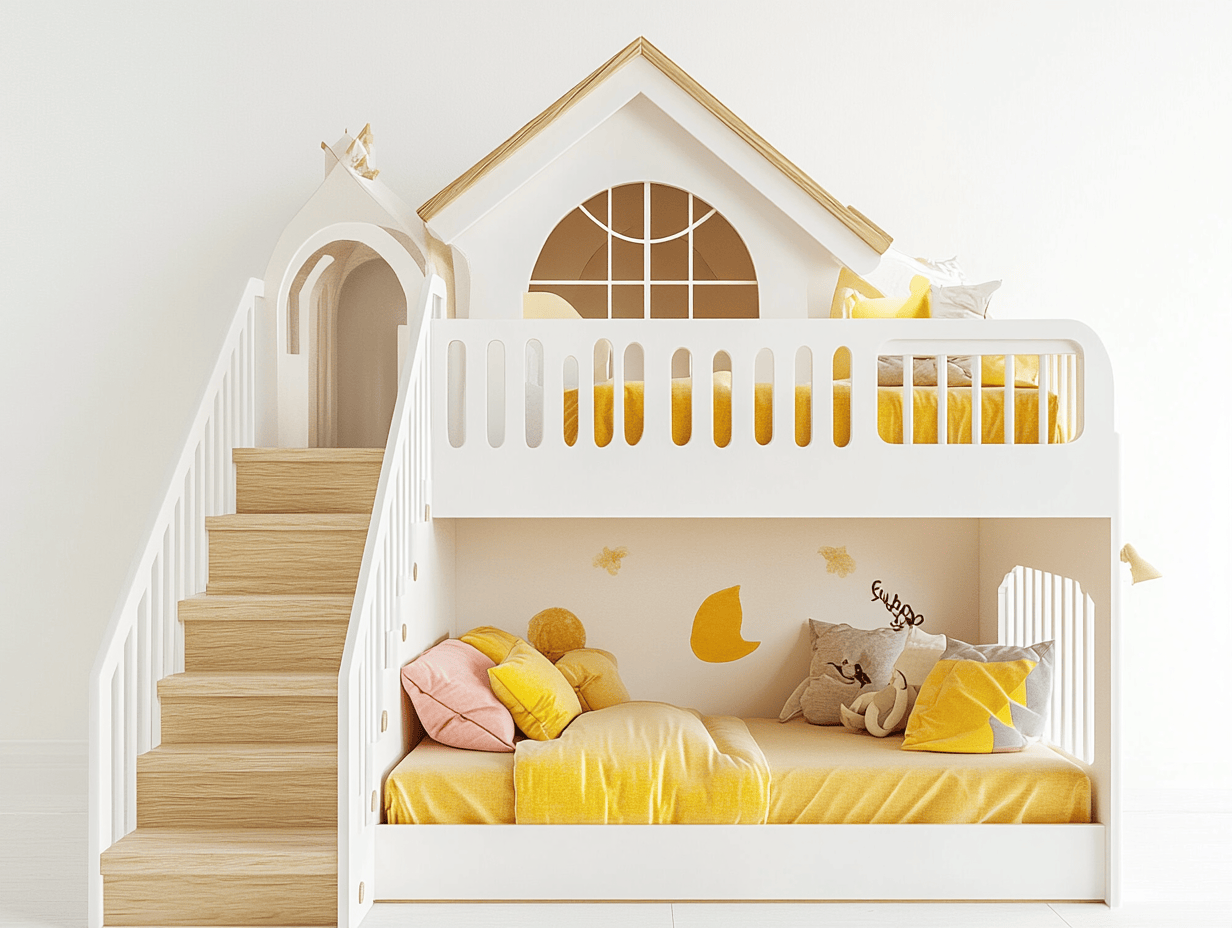 Łóżko piętrowe – drewno sosnowe/MDF – 220×130×220 cm – białe/dębowe/żółte – domek dla dzieci-Habitatvo