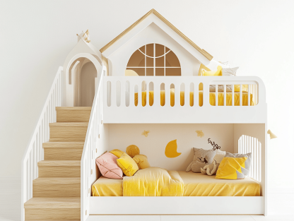 Łóżko piętrowe – drewno sosnowe/MDF – 220×130×220 cm – białe/dębowe/żółte – domek dla dzieci-Habitatvo