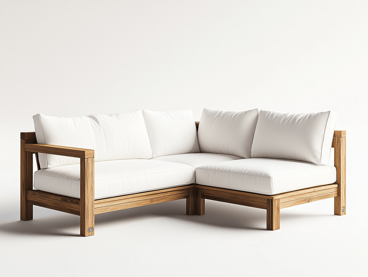 Narożna sofa ogrodowa z drewna akacjowego – 3-osobowa – z 5 poduszki białe – 160×160×75 cm – nowoczesna-Habitatvo