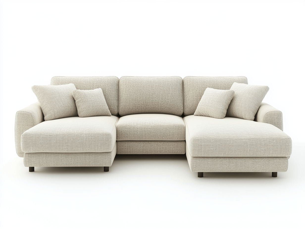 Sofa narożna z tkaniny – 270×180×85 cm – beżowa – z podwójnym szezlongiem i 4 poduszkami – nowoczesna-Habitatvo