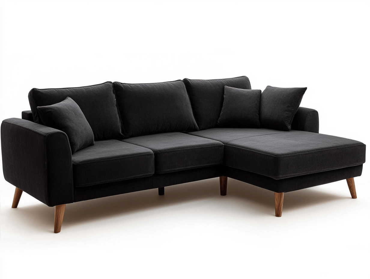 Sofa z szezlongiem – tkanina czarna - Z 3 poduszkami – 225×145×85 cm – drewniane nogi – styl skandynawski-Habitatvo