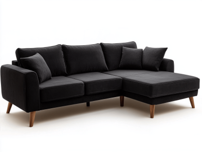 Sofa z szezlongiem – tkanina czarna - Z 3 poduszkami – 225×145×85 cm – drewniane nogi – styl skandynawski-Habitatvo