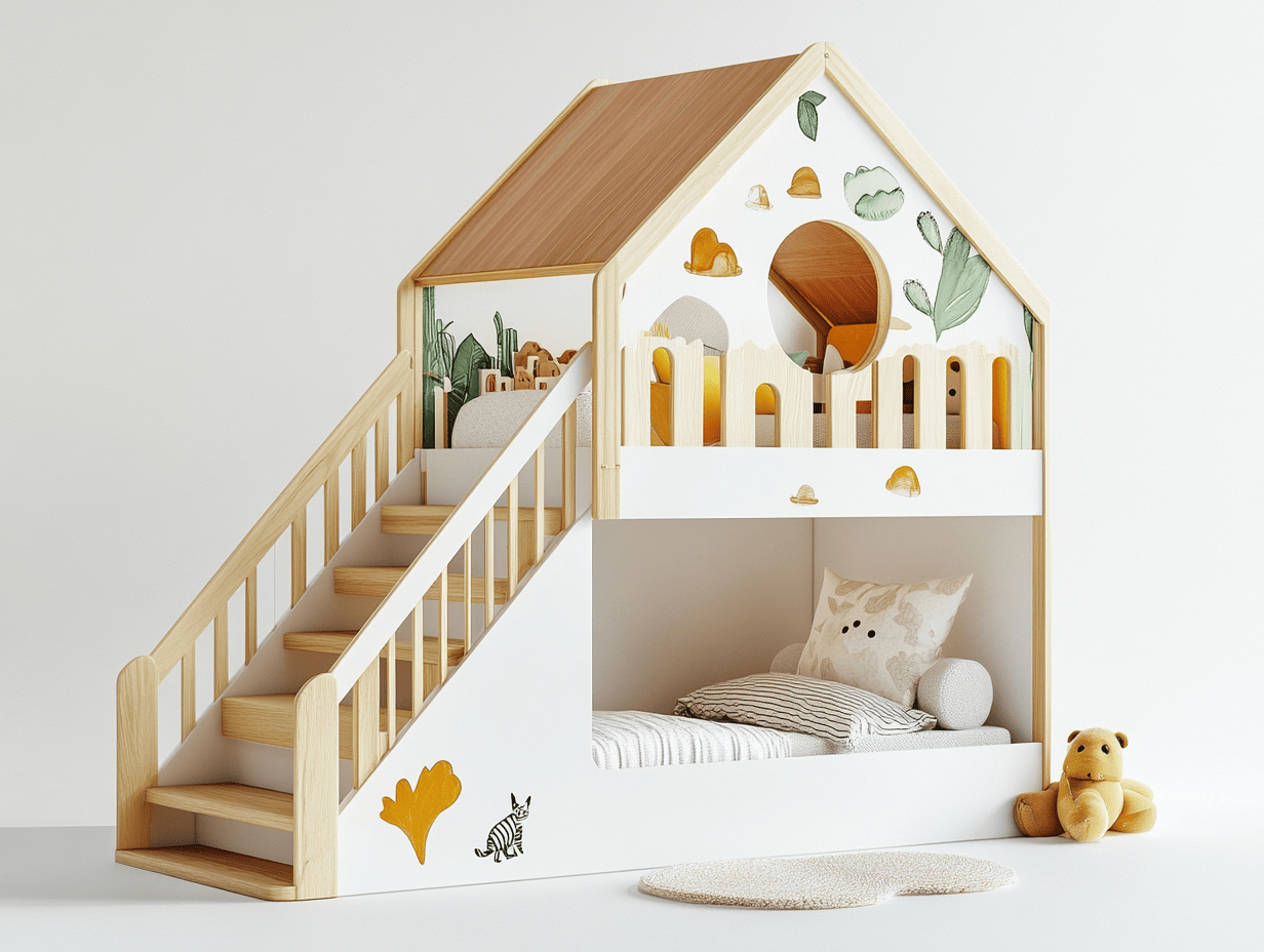 Łóżko piętrowe – drewno sosnowe/MDF – 210×120×210 cm – białe/dębowe/wielokolorowe – domek dla dzieci-Habitatvo