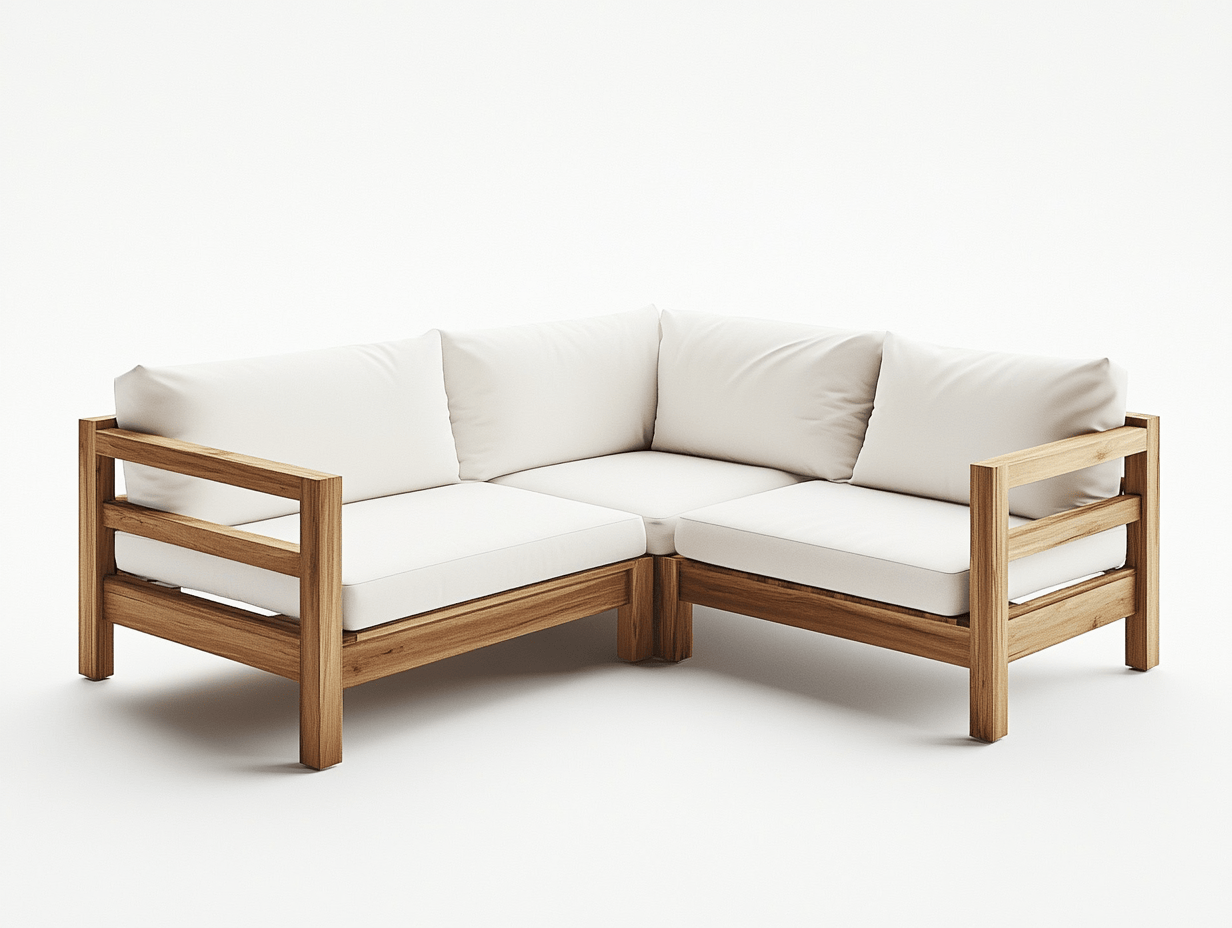 Narożna sofa ogrodowa z drewna akacjowego – 3-częściowa – z 4 poduszki białe – 160×160×75 cm – minimalistyczna-Habitatvo