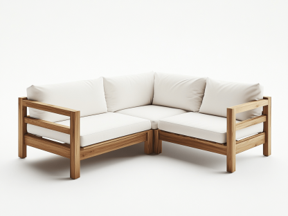 Narożna sofa ogrodowa z drewna akacjowego – 3-częściowa – z 4 poduszki białe – 160×160×75 cm – minimalistyczna-Habitatvo