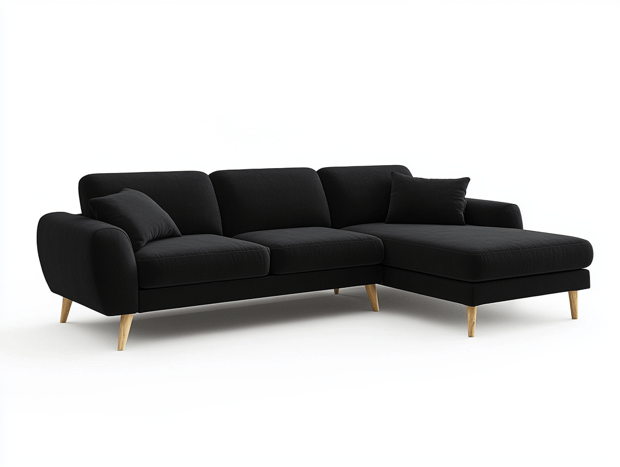 Sofa z szezlongiem – tkanina czarna - Z 2 poduszkami – 230×150×85 cm – drewniane nogi – nowoczesna