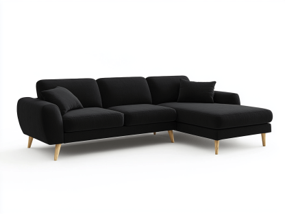 Sofa z szezlongiem – tkanina czarna - Z 2 poduszkami – 230×150×85 cm – drewniane nogi – nowoczesna