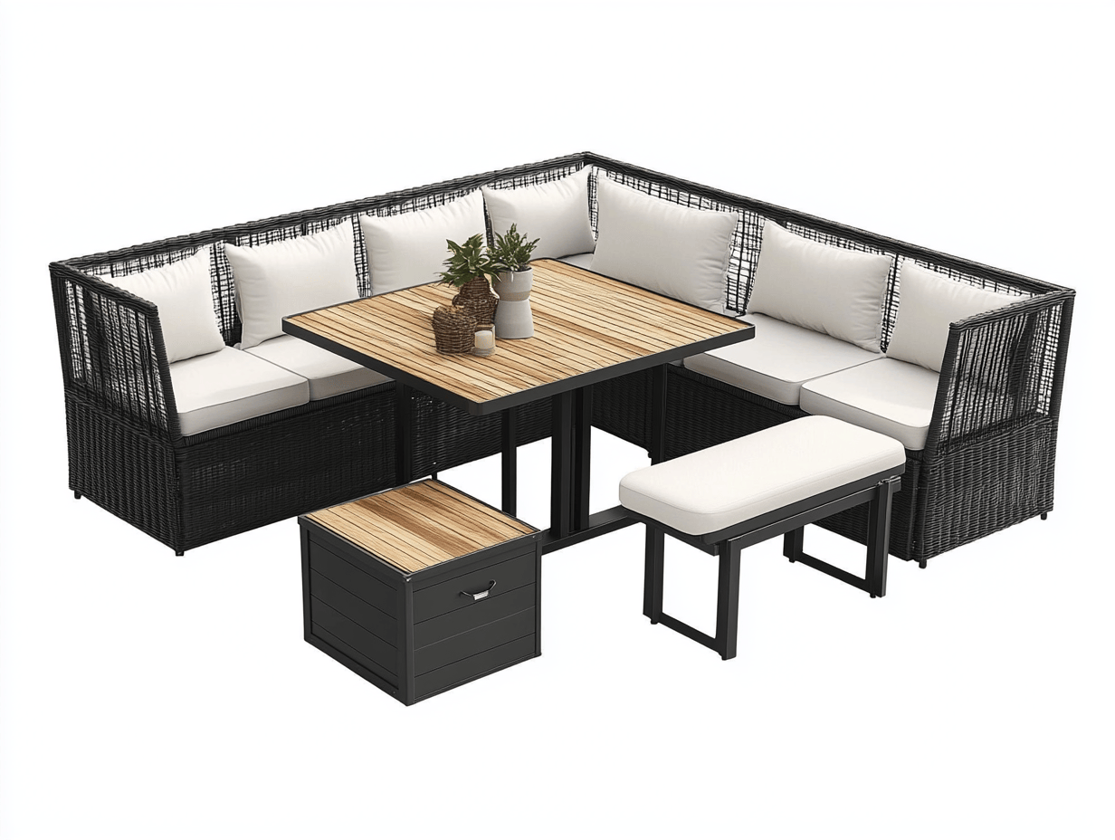 Zestaw mebli ogrodowych z technorattanu – sofa narożna, stół, ławka i puf