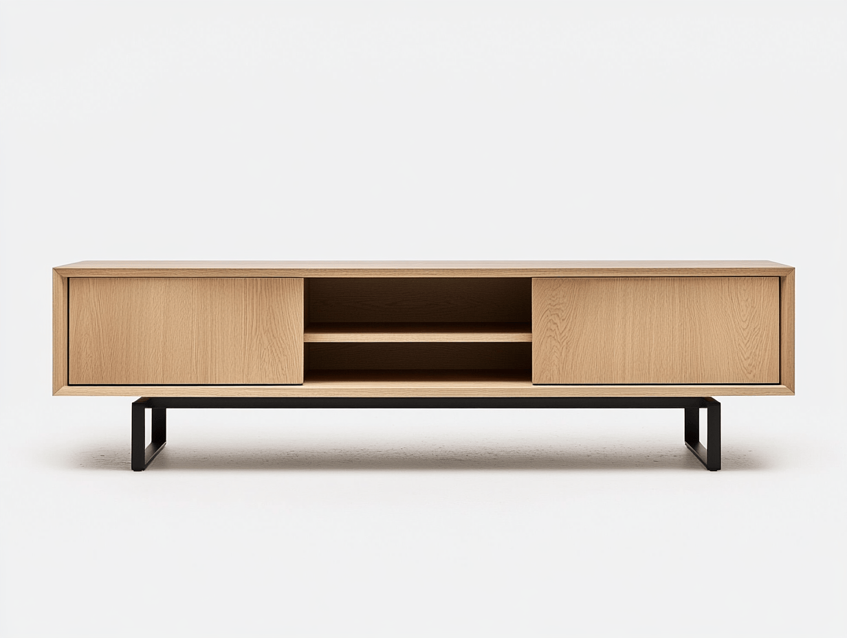 Szafka RTV – jasny dąb – 160×40×50 cm – z półkami i przesuwnymi drzwiczkami – nowoczesny styl-Habitatvo