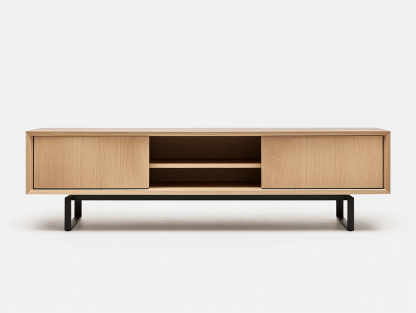 Szafka RTV – jasny dąb – 160×40×50 cm – z półkami i przesuwnymi drzwiczkami – nowoczesny styl-Habitatvo