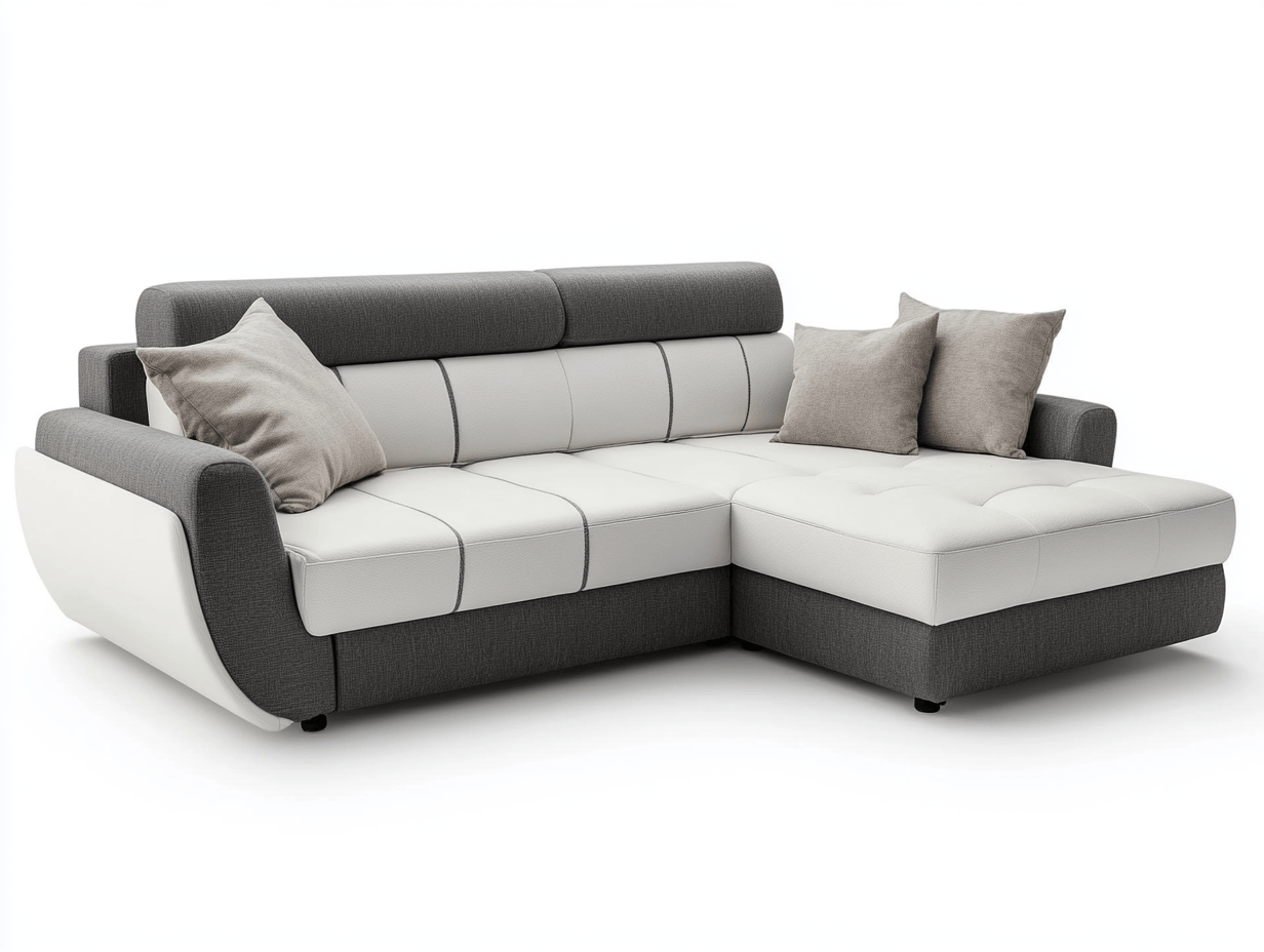 Narożnik z funkcją spania i pojemnikiem - Z 3 poduszkami – tkanina i ekoskóra – szary/biały – nowoczesny-Habitatvo