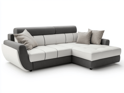 Narożnik z funkcją spania i pojemnikiem - Z 3 poduszkami – tkanina i ekoskóra – szary/biały – nowoczesny-Habitatvo