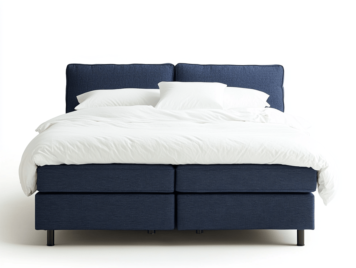 Łóżko kontynentalne – tapicerowane ciemnoniebieską tkaniną – z podwójnym wezgłowiem i prostą formą – 160×200 cm – styl minimalistyczny-Habitatvo