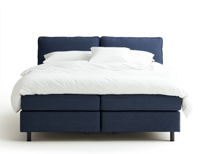 Łóżko kontynentalne – tapicerowane ciemnoniebieską tkaniną – z podwójnym wezgłowiem i prostą formą – 160×200 cm – styl minimalistyczny-Habitatvo