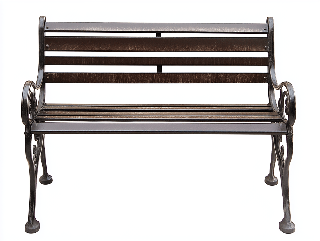 Metalowa ławka ogrodowa z ozdobnymi podłokietnikami i listwami – 122×58×74 cm