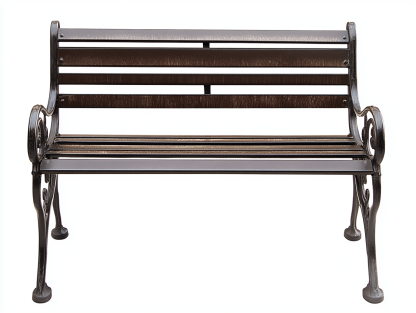 Metalowa ławka ogrodowa z ozdobnymi podłokietnikami i listwami – 122×58×74 cm