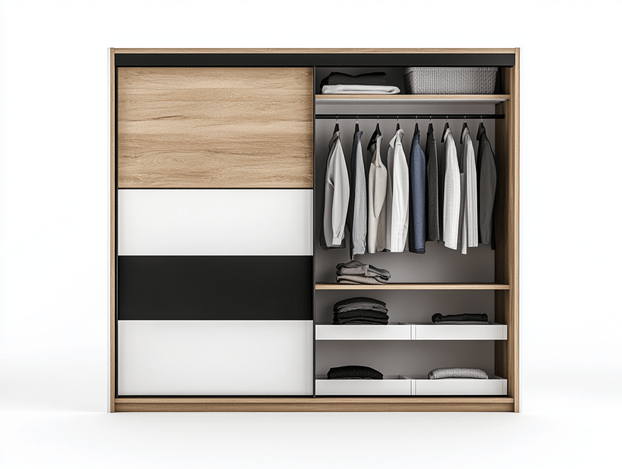 Szafa przesuwna – płyta laminowana – 180×60×200 cm – dąb/biały/czarny – z drzwiami przesuwnymi i systemem półek oraz szuflad-Habitatvo