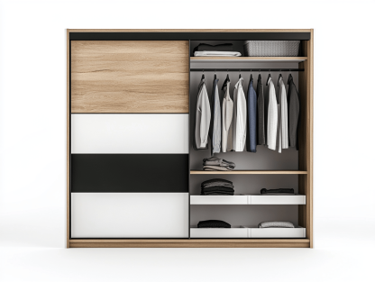 Szafa przesuwna – płyta laminowana – 180×60×200 cm – dąb/biały/czarny – z drzwiami przesuwnymi i systemem półek oraz szuflad-Habitatvo