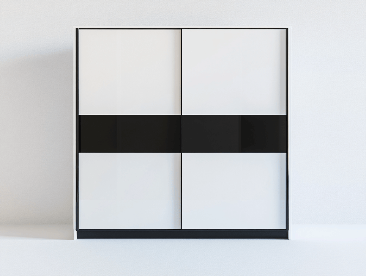 Szafa przesuwna – płyta laminowana – 150×60×200 cm – biały/czarny – z frontami na wysoki połysk i minimalistycznym designem-Habitatvo