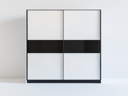 Szafa przesuwna – płyta laminowana – 150×60×200 cm – biały/czarny – z frontami na wysoki połysk i minimalistycznym designem-Habitatvo
