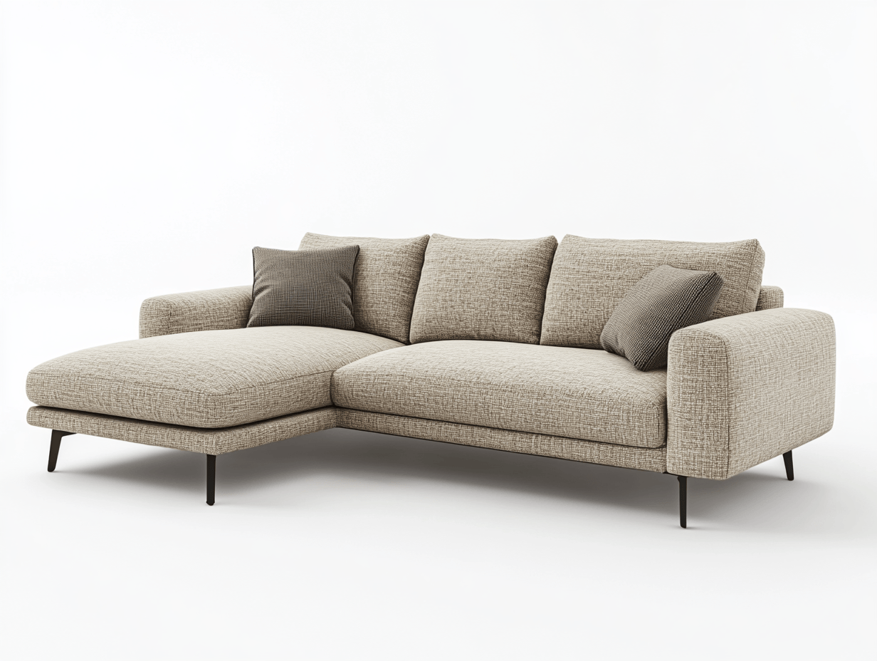 Sofa z szezlongiem z tkaniny - Z 2 poduszkami – 250×160×85 cm – beżowa – na czarnych nóżkach – nowoczesna-Habitatvo