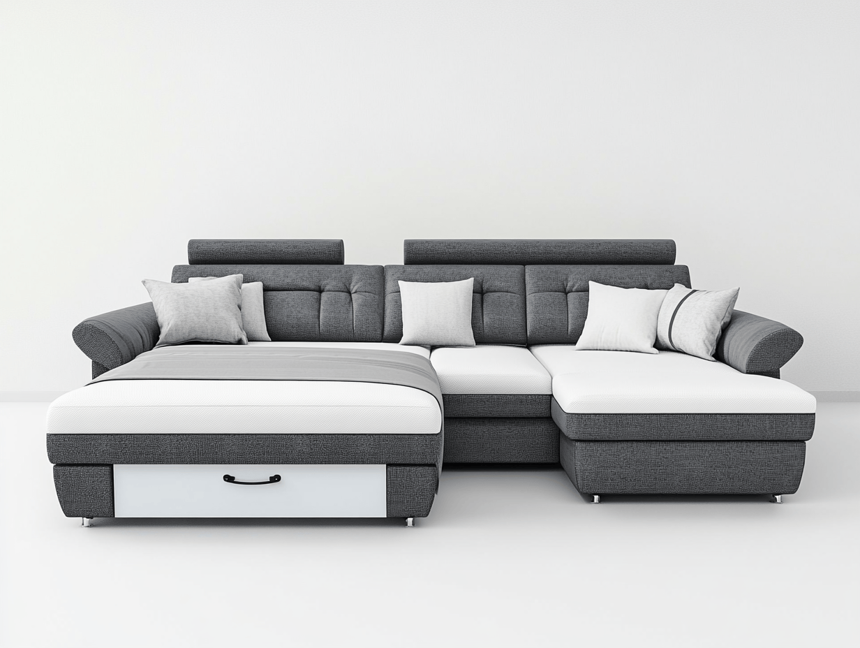 Narożnik z funkcją spania i szufladą – tkanina i ekoskóra – szary/biały – nowoczesny-Habitatvo