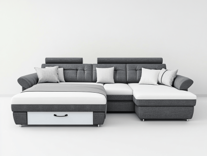 Narożnik z funkcją spania i szufladą – tkanina i ekoskóra – szary/biały – nowoczesny-Habitatvo