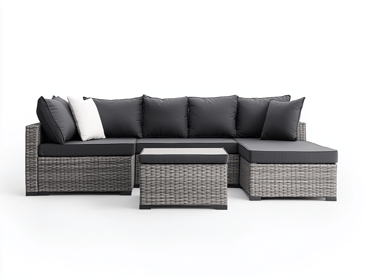 Zestaw wypoczynkowy ogrodowy – narożnik z technorattanu + stolik – z 7 poduszkami – 210×140×70 cm – styl nowoczesny-Habitatvo