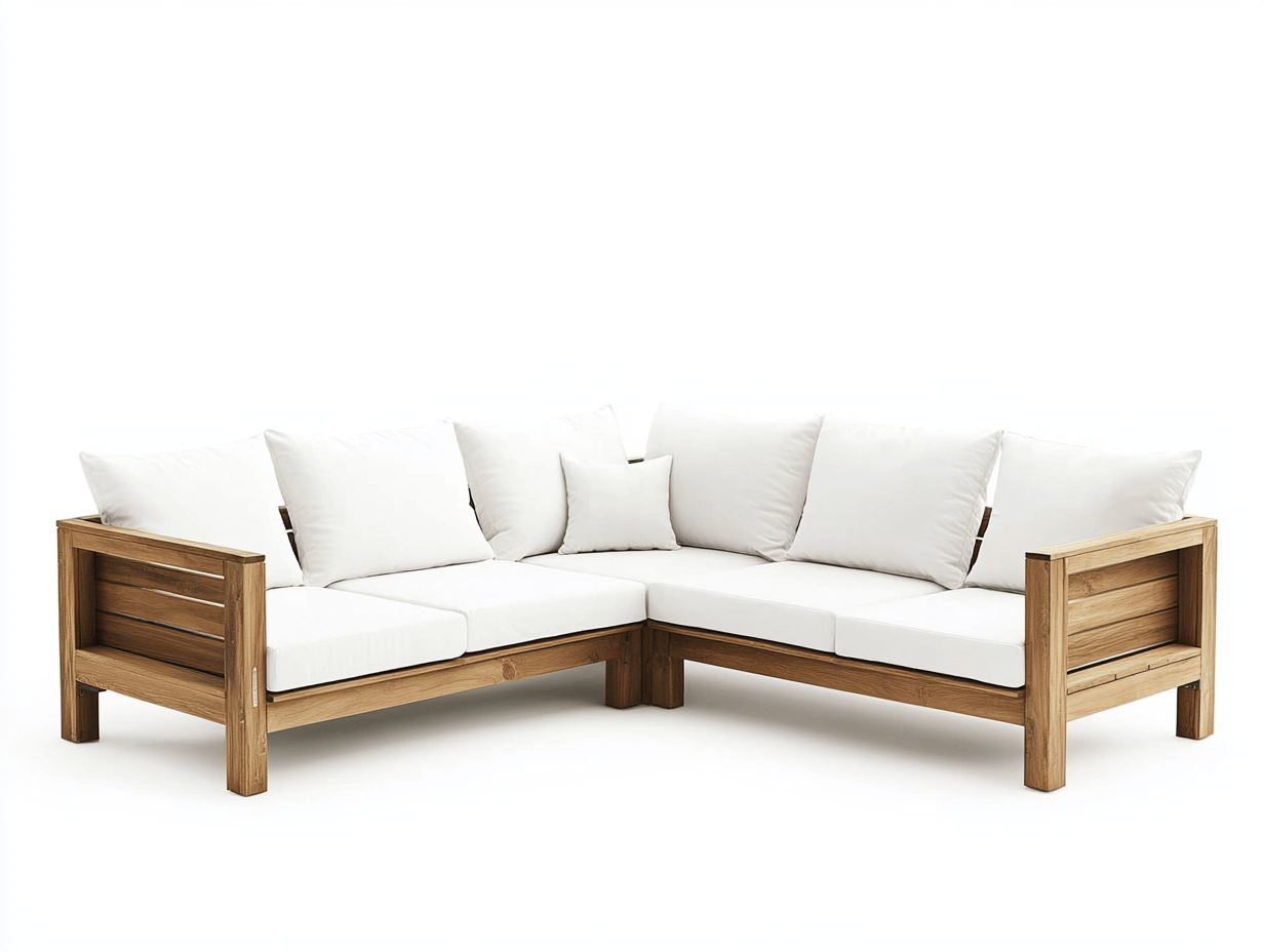 Narożna sofa ogrodowa z drewna tekowego – 5-osobowa – z 7 poduszki białe – 260×260×75 cm – nowoczesna-Habitatvo