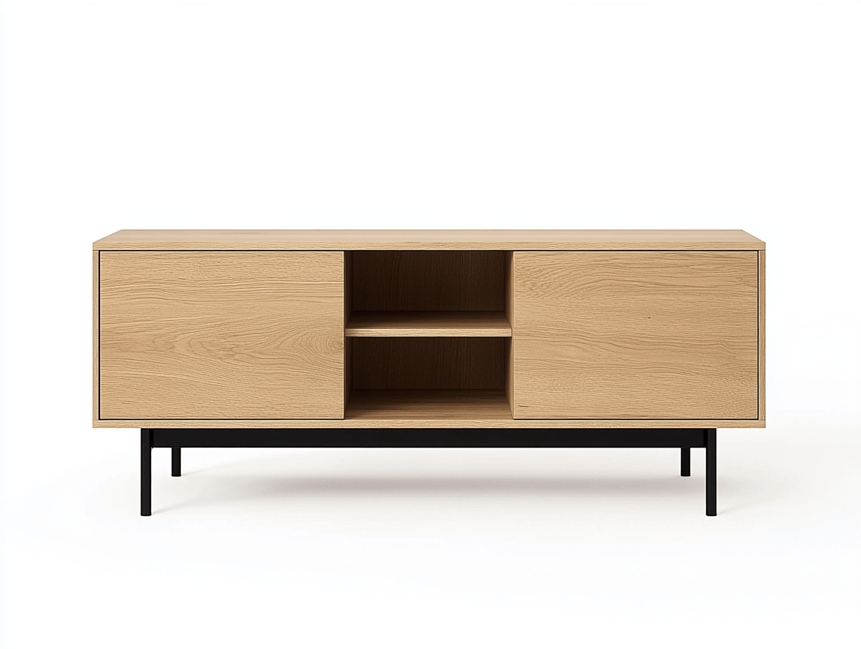 Szafka RTV – jasny dąb – 120×40×55 cm – z otwartą półką i drzwiczkami – minimalistyczna forma-Habitatvo