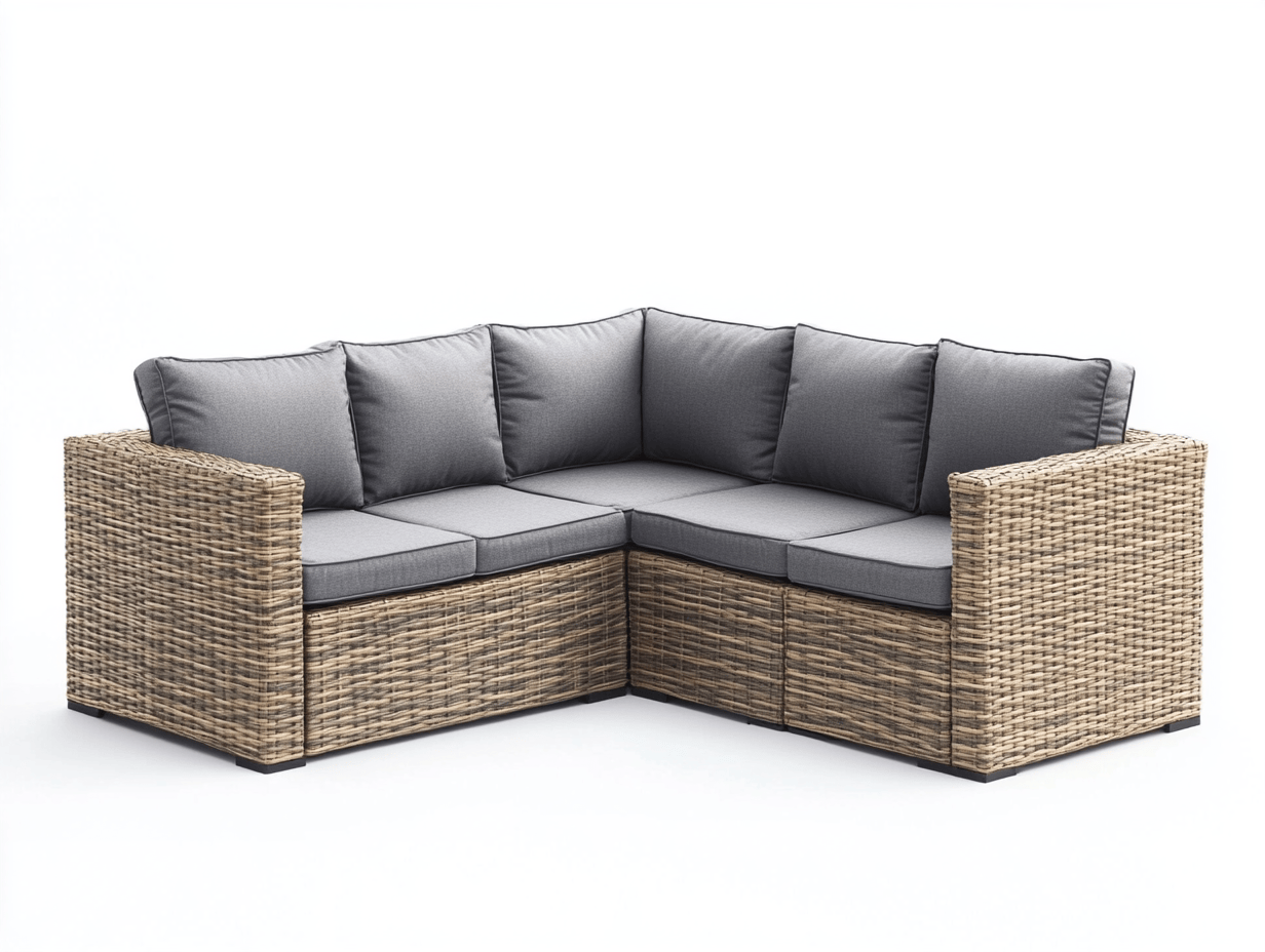 Sofa narożna ogrodowa z technorattanu – 190×190×62 cm – beżowy rattan + szare poduszki – bez stolika – styl nowoczesny-Habitatvo